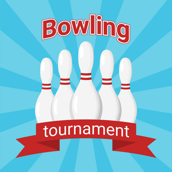 Bowling tournament square vector banner with white pins and red ribbon. Vintage flyer for bowling competition