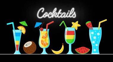 Vector cocktails with fruits on the table near neon 'Cocktail' sign on black background. Drinks collection in cartoon style