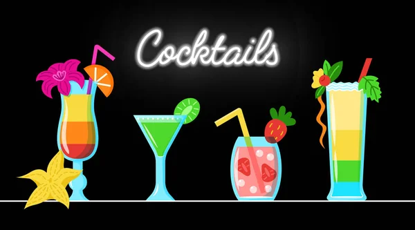 Vector Cocktails Fruits Table Neon Cocktail Sign Black Background Drinks — стоковый вектор