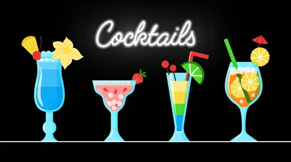 Vectorcocktails Met Fruit Tafel Bij Neon Cocktail Bordje Zwarte Achtergrond — Stockvector