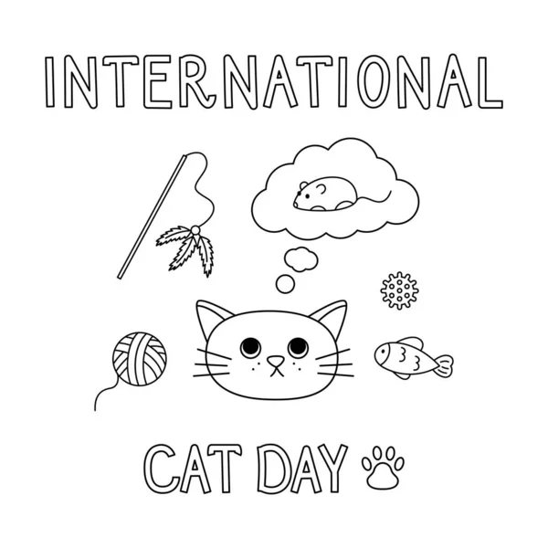 International Cat Day Vector Lined Postcard Isolated Linear Cartoon Cat — Stock Vector