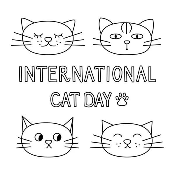 International Cat Day Linear Vector Card Isolated Outline Cat Cartoon — Stock Vector