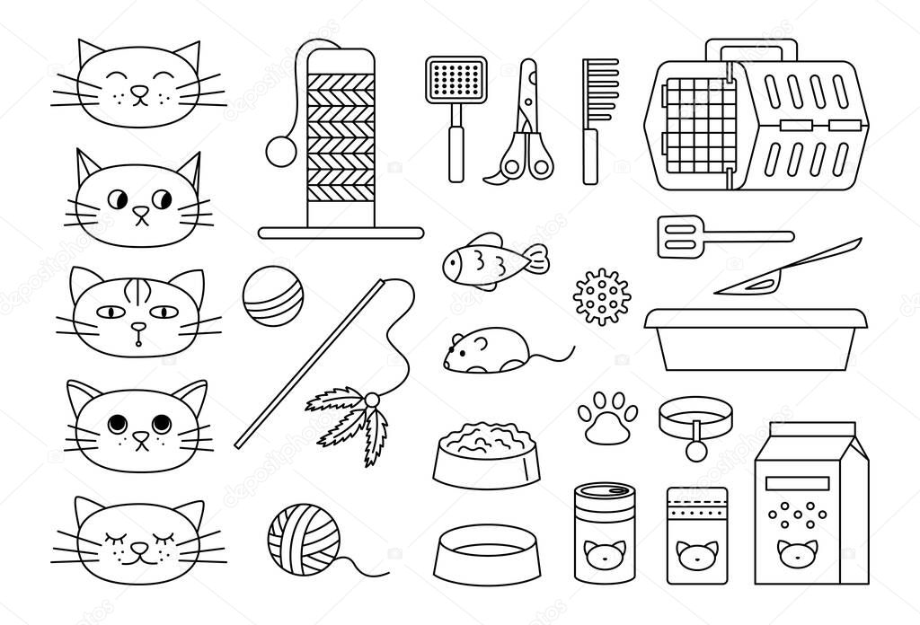 Cat stuff vector linear collection. Pet goods outline icons set and cats cartoon emotional faces. Food, toys and care equipment