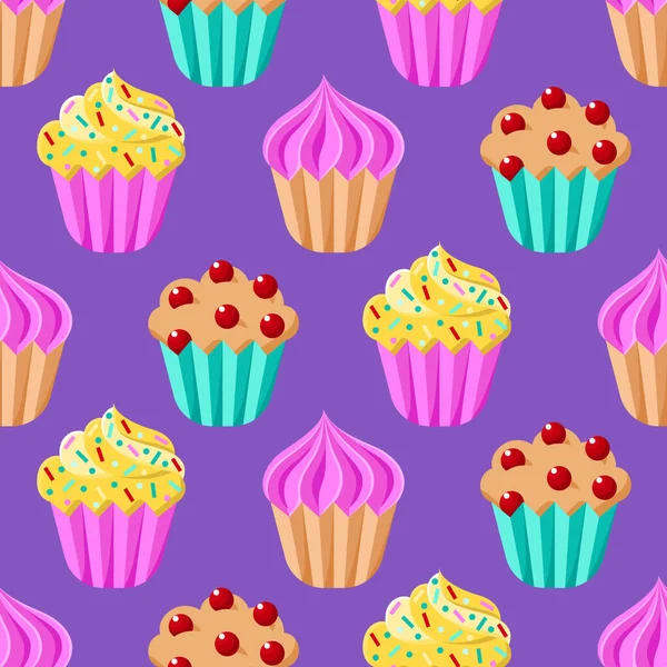 Cupcakes Vector Seamless Pattern Cartoon Colorful Desserts Purple Background — Vetor de Stock