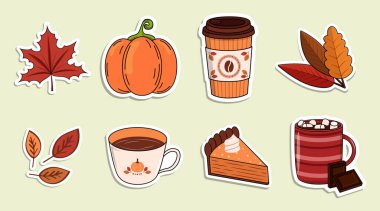 Autumn vector stickers collection. Hot coffee and tea, pumpkin pie and chocolate. Colorful leaves set