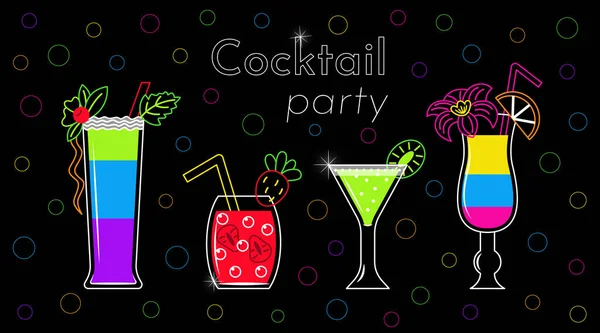 Cocktsil Party Horizontal Vector Banner Fresh Beverages Linear Glass Colorful — Stock Vector