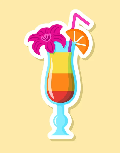 卡通片风格的矢量鸡尾酒贴纸 五彩缤纷的酒水倒入有粉红色花朵的玻璃杯中 — 图库矢量图片