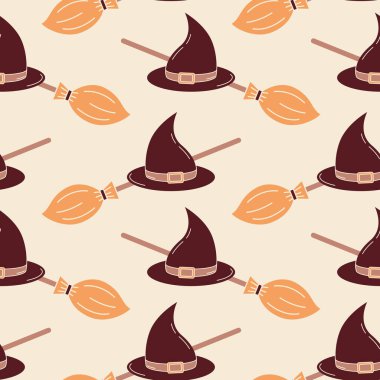 Cadılık, kusursuz desenli çizgi film tarzı. Cadılar Bayramı için arka planda izole vektör süpürge çubuğu ve cadı şapkası