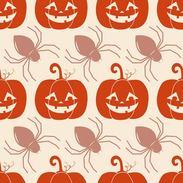 Vecteur Motif Sans Couture Halloween Lanterne Citrouille Araignée Fond Plat — Image vectorielle