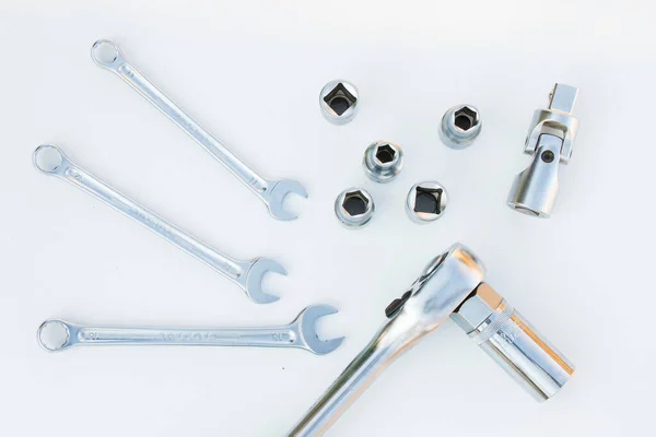 Große Gruppe Von Schlüsseln Professionelles Set Verschiedene Metallschlüssel Auf Weißem — Stockfoto