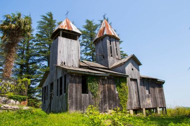 Old wooden Georgian church in Samegrelo, Georgia. Old architecture and nature.