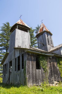 Old wooden Georgian church in Samegrelo, Georgia. Old architecture and nature.