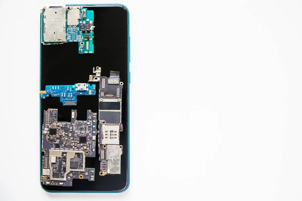 Electronic motherboard, isometric processor microchip of mobile phone, digital communication, people and technologies, digital life