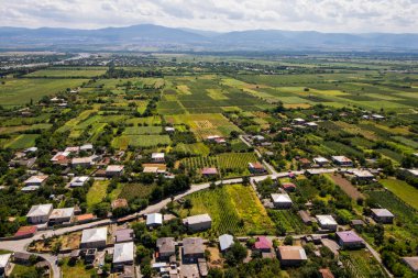Telavi view from the helicopter, high angle view of the village and fields, Georgian country view