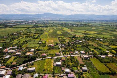Telavi view from the helicopter, high angle view of the village and fields, Georgian country view