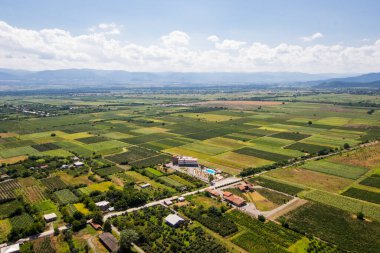 Telavi view from the helicopter, high angle view of the village and fields, Georgian country view