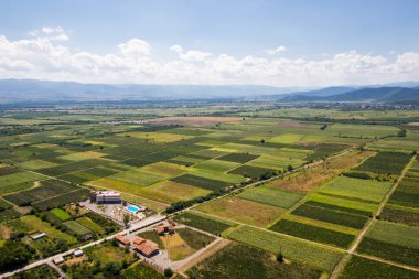 Telavi view from the helicopter, high angle view of the village and fields, Georgian country view