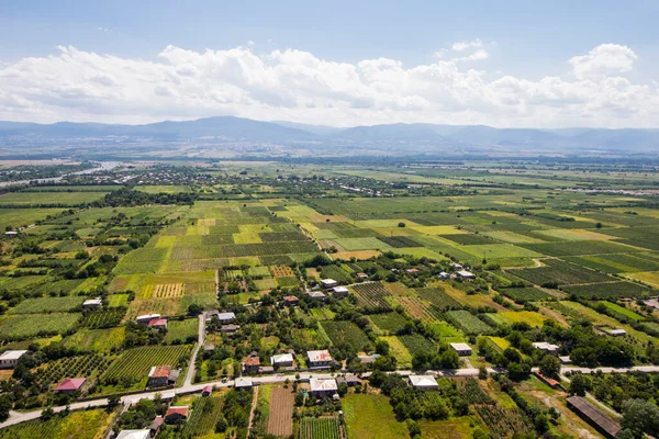 Telavi view from the helicopter, high angle view of the village and fields, Georgian country view