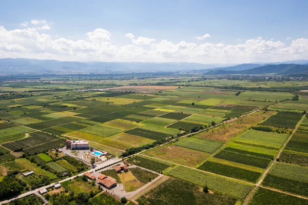 Telavi view from the helicopter, high angle view of the village and fields, Georgian country view
