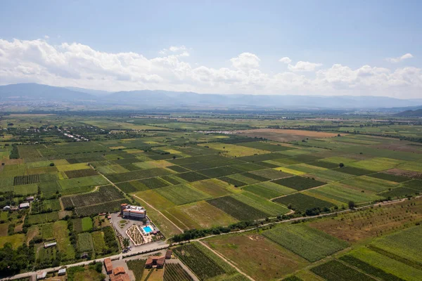 Telavi view from the helicopter, high angle view of the village and fields, Georgian country view