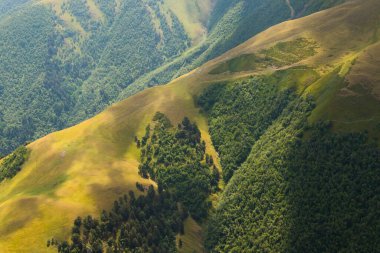 Tusheti mountain landscape and view, high angle, Georgian nature, clouds and forest