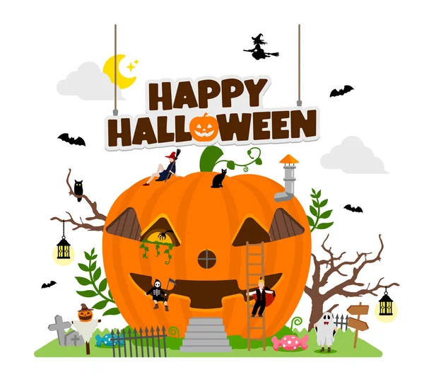 Halloween Motiv Kürbishaus Illustration Mit Kostümierten Kindern — Stockvektor