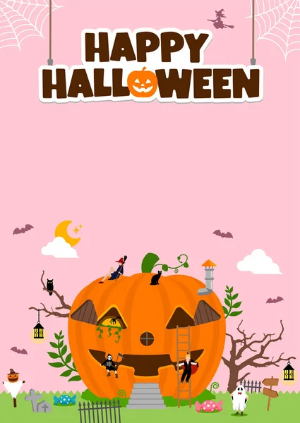 Halloween Motiv Puppenhaus Illustration Mit Kostümierten Kindern Postergröße — Stockvektor