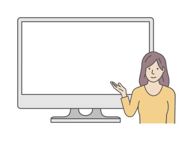 Kadın bilgisayar monitörünü gösteriyor. vektör illüstrasyonu.