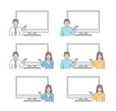 Kadın ve erkek bilgisayar monitörü gösteriyor. vektör illüstrasyonu.