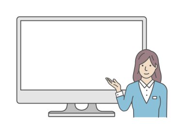 İş kadını bilgisayar monitörü gösteriyor. vektör illüstrasyonu.