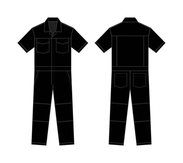 半袖作業全体 ジャンプスーツ ボイラースーツ テンプレートベクトルイラスト ブラック — ストックベクタ
