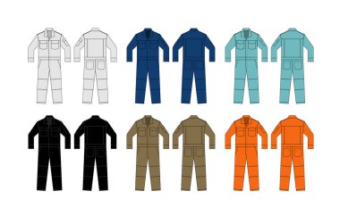 Uzun kollu çalışma tulumları (Jumpsuit, Boilersuit) şablon vektör resimleme seti