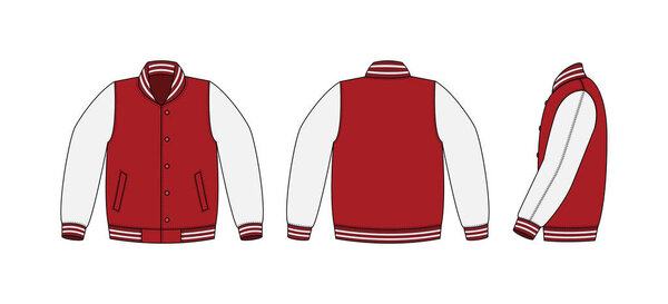 Иллюстрация шаблона спортивной куртки (бейсбольной куртки) (спереди, сзади и сбоку) ) 