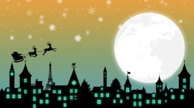 Noel illüstrasyon afişi (4K animasyon filmi). Noel Baba dolunayda uçuyor.