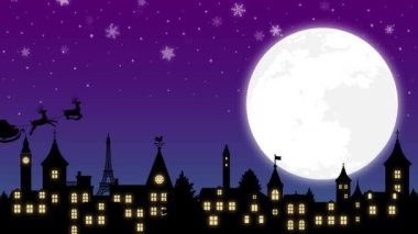 Noel illüstrasyon afişi (4K animasyon filmi). Noel Baba dolunayda uçuyor.