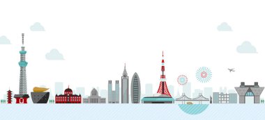 Tokyo Skyline düz vektör çizimi. Tokyo tarihi binaları.