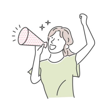 Megafonla yüksek sesle konuşan genç bir kadının vektör çizimi