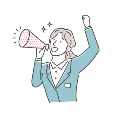 Genç bir iş kadınının megafon kullanarak yüksek sesle konuşmasının vektör çizimi