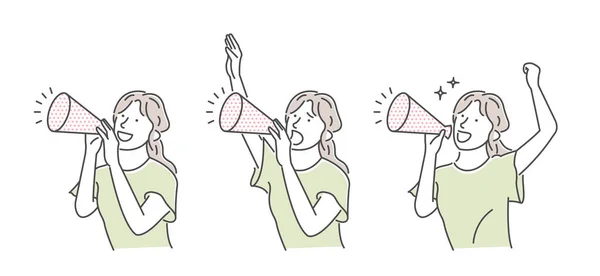 Векторна Ілюстрація Молодої Жінки Робить Гучний Голос Допомогою Мегафона — стоковий вектор