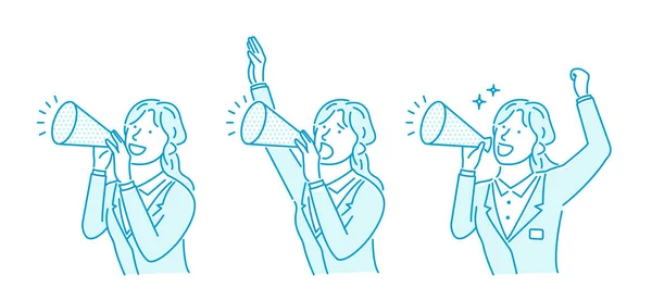 Genç Bir Kadınının Megafon Kullanarak Yüksek Sesle Konuşmasının Vektör Çizimi — Stok Vektör