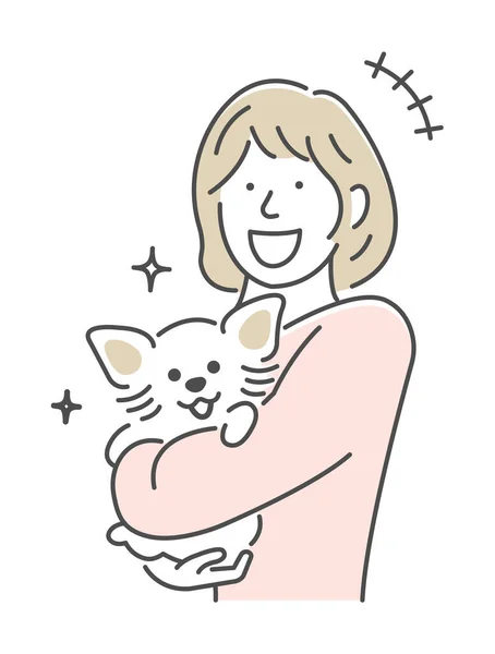 Εικονογράφηση Μιας Γυναίκας Που Κρατάει Ένα Σκύλο Ευτυχής Γελώντας — Διανυσματικό Αρχείο