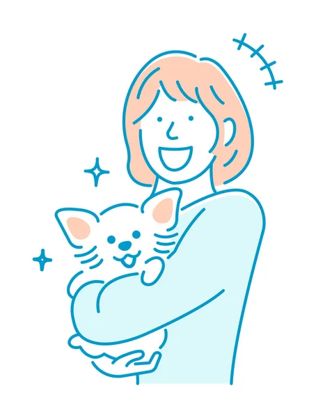 一个女人牵着一只狗开心地笑的例子 — 图库矢量图片