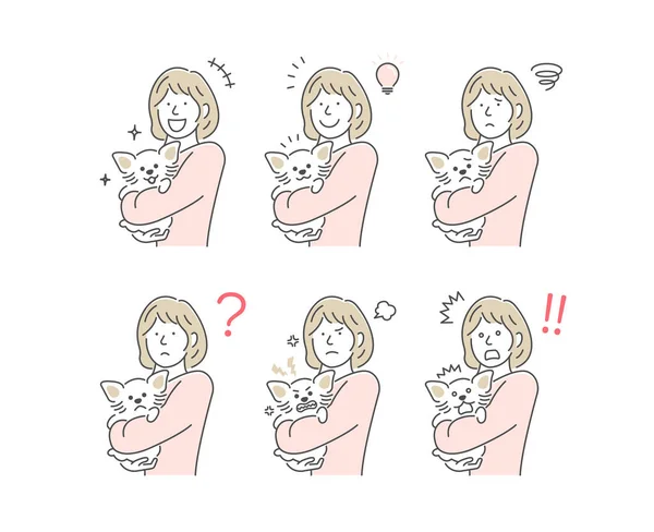 Illustration Woman Holding Dog Emotional Expression Variation Set — Image vectorielle