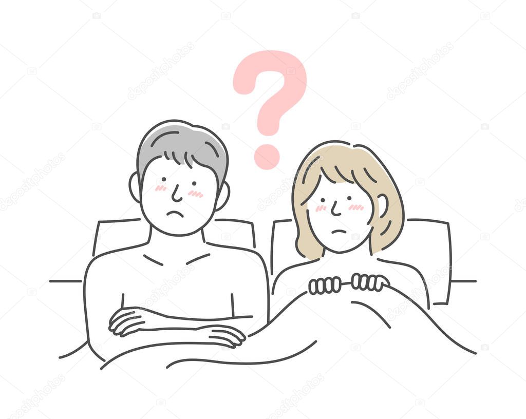 Vector illustration of a young couple in bed | question, ask