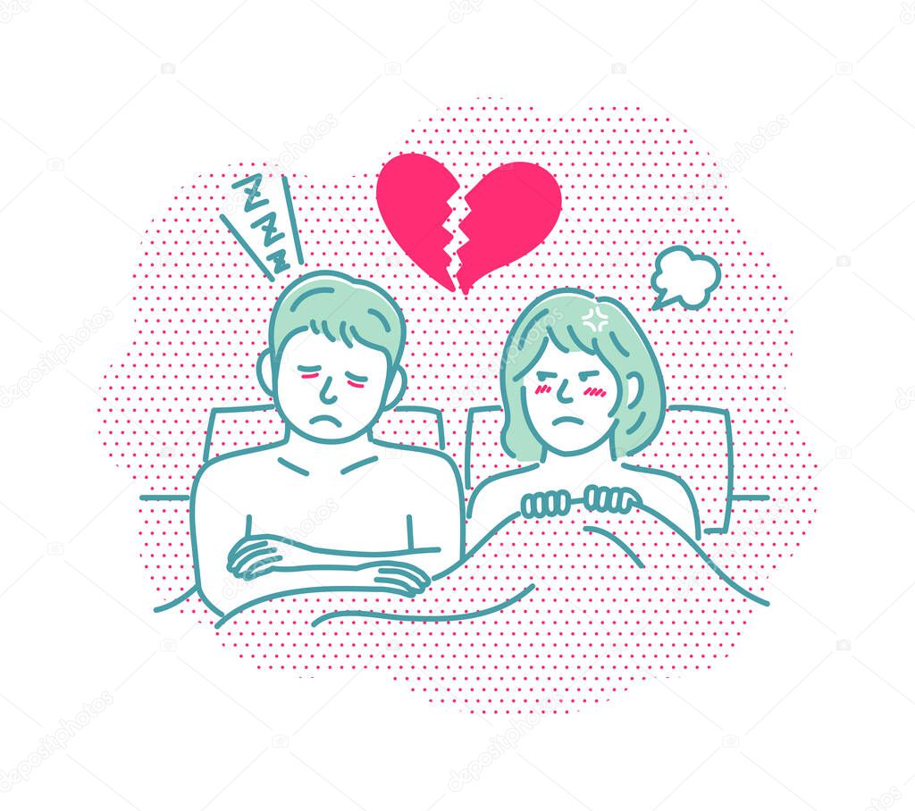 Vector illustration of a young couple in bed | tired, fatigue