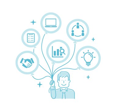 Birçok balonlu işgüzarın vektör illüstrasyonu 