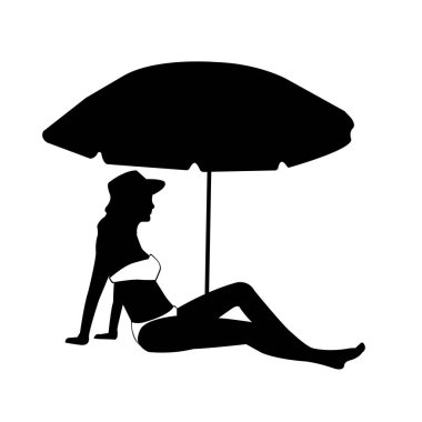 Yaz tatili motif olarak vektör illüstrasyonu (plaj tarafında oturan siluet kadın) )