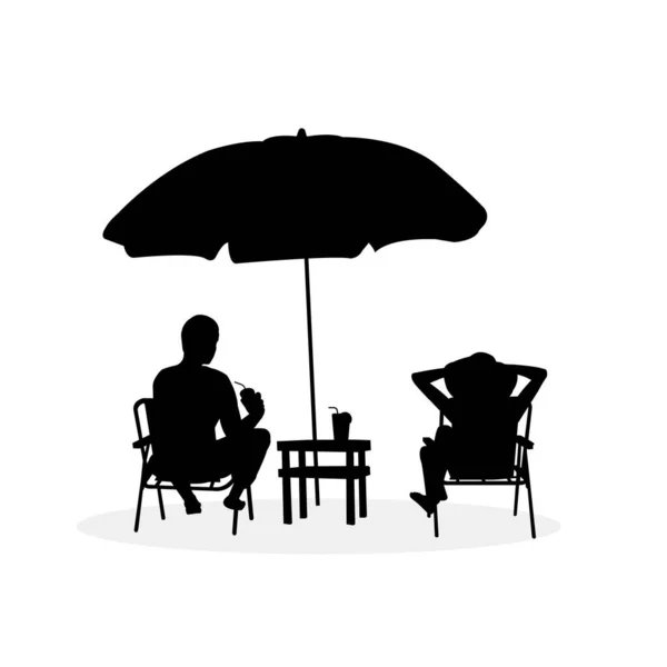 Vector Illustration Summer Vacation Motif Silhouette Couple Relaxing Beach Side — Stock Vector