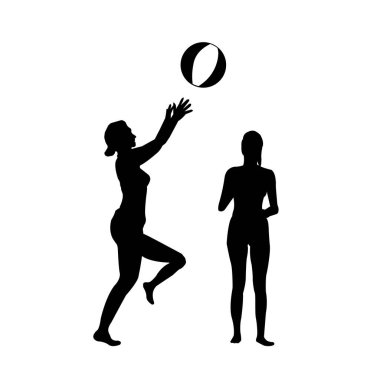 Yaz tatili motifli vektör illüstrasyonu (siluet kadınlar bir plaj topuyla oynuyor) )