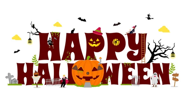 Happy Halloween Vector Illustration Pumpkin House Costume Kids — 스톡 벡터